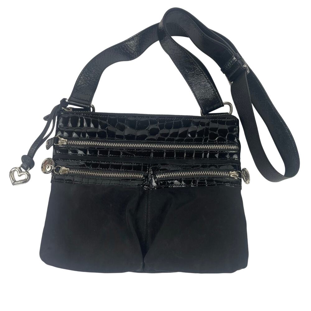 Brighton Black Nylon Crossbody Purse Bag Embossed Croc Go Go Leather